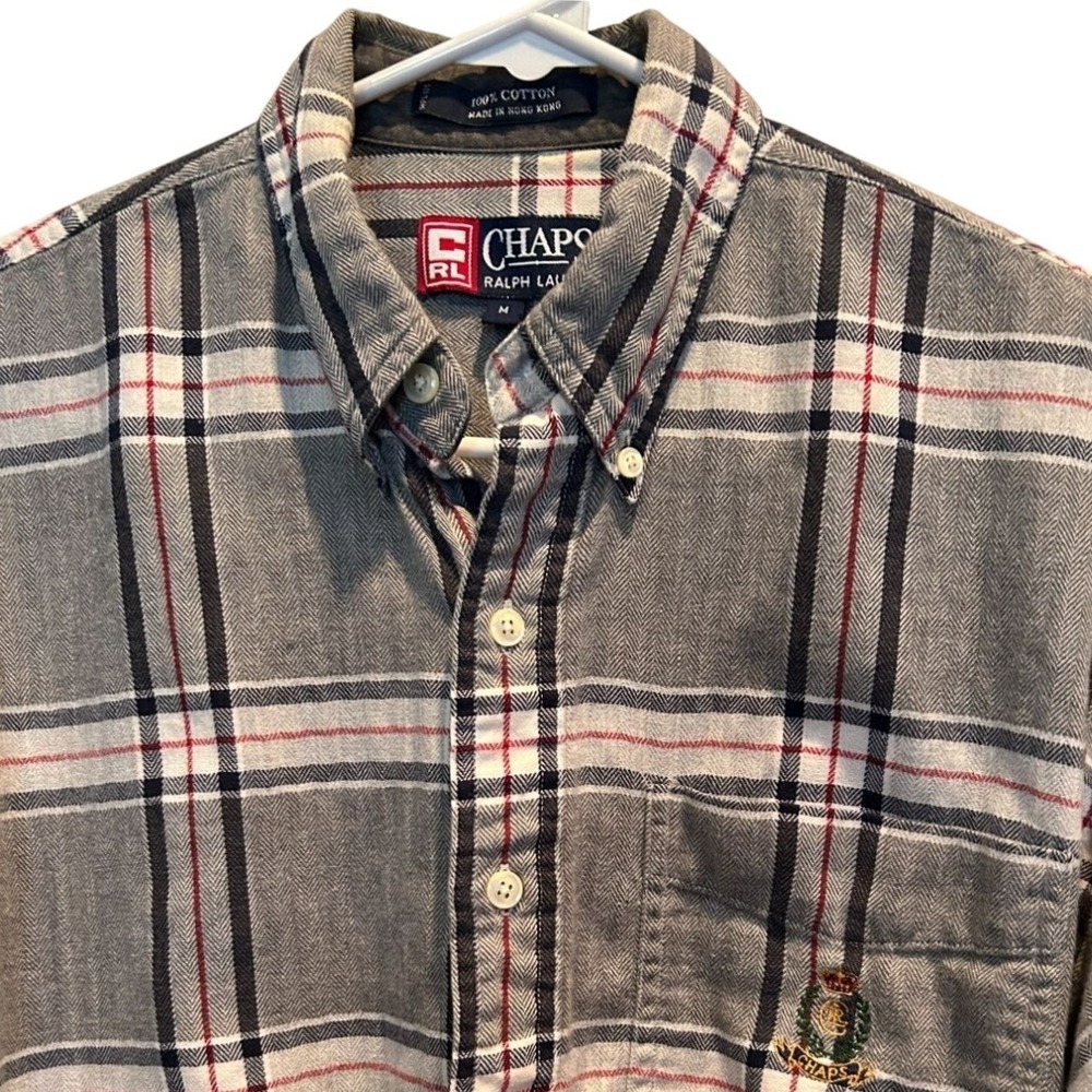 Chaps Ralph Lauren Button Down Shirt Medium Men's Grey Plaid Cotton Long Sleeve